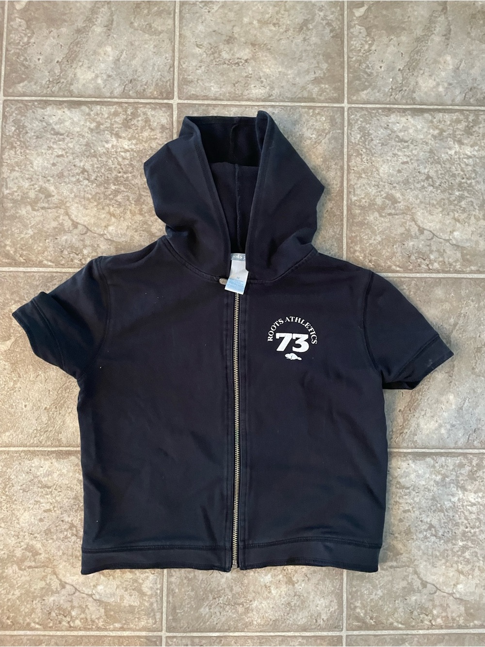 Kids -Roots Navy Short Sleeve Zip Hoodie with White 73 Graphic